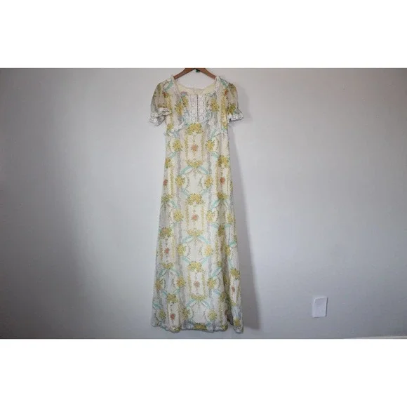 Vintage Floral Prairie Peasant Lace Maxi Dress Bridgeton Ivory Women's 13 H14102 - Picture 2 of 11